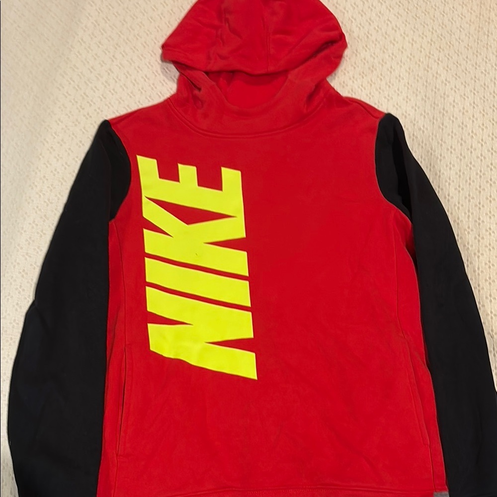 Nike Boys Red Hoodie with Bold Yellow Logo Size XL